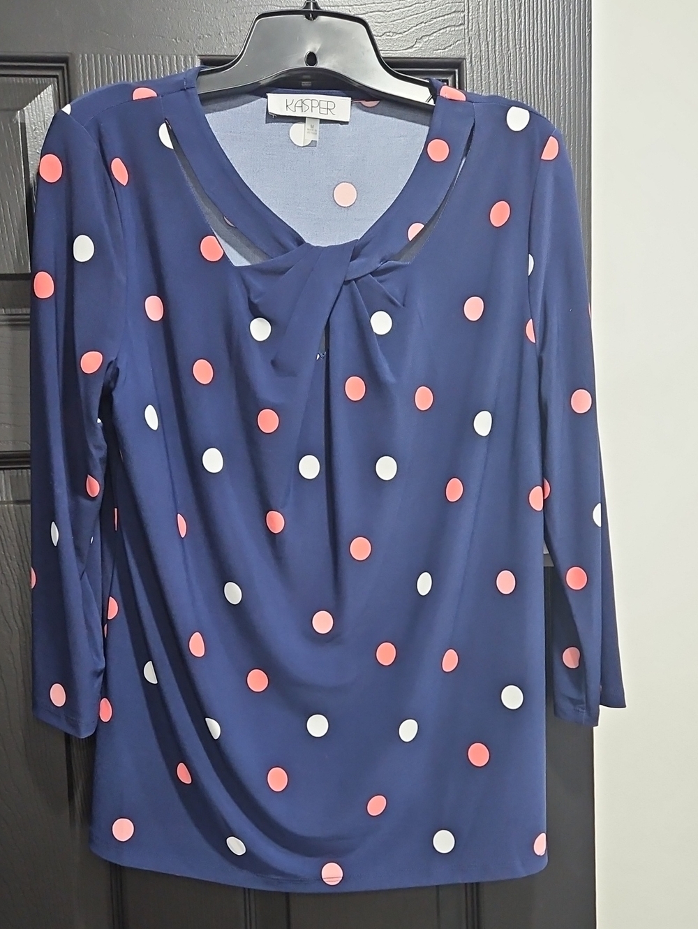 Kasper Navy Polka Dot Tie-Neck Blouse with Pink & White Dots